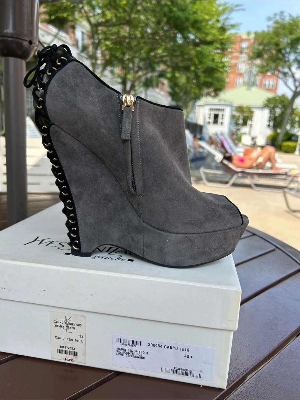 Yves Saint Laurent Gray Suede Wedge Peep-Toe Booties with Chain Heel